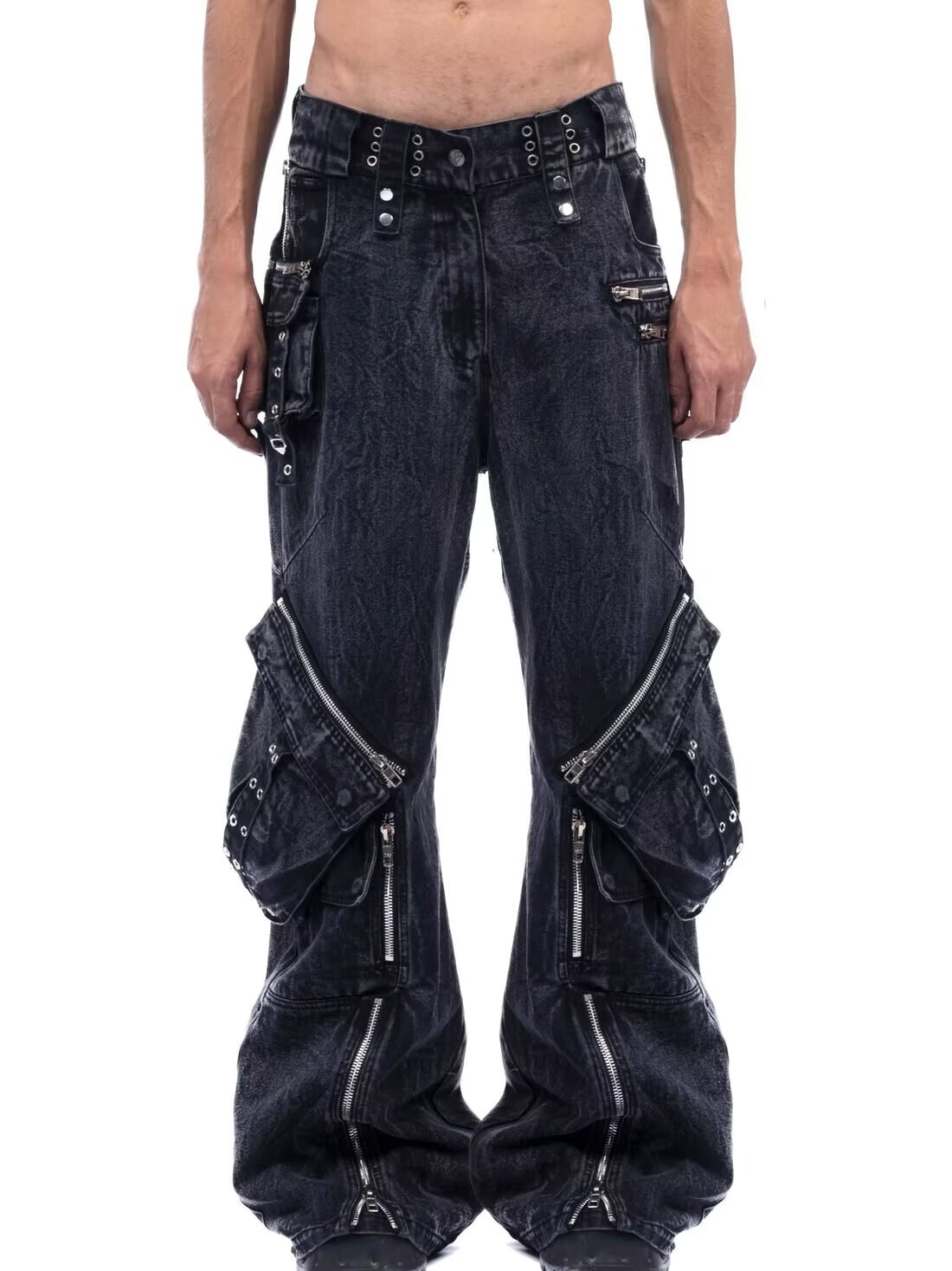 Men'S Fashion With Baggy Jeans - Y2K negro gótico Punk multibolsillo cremallera