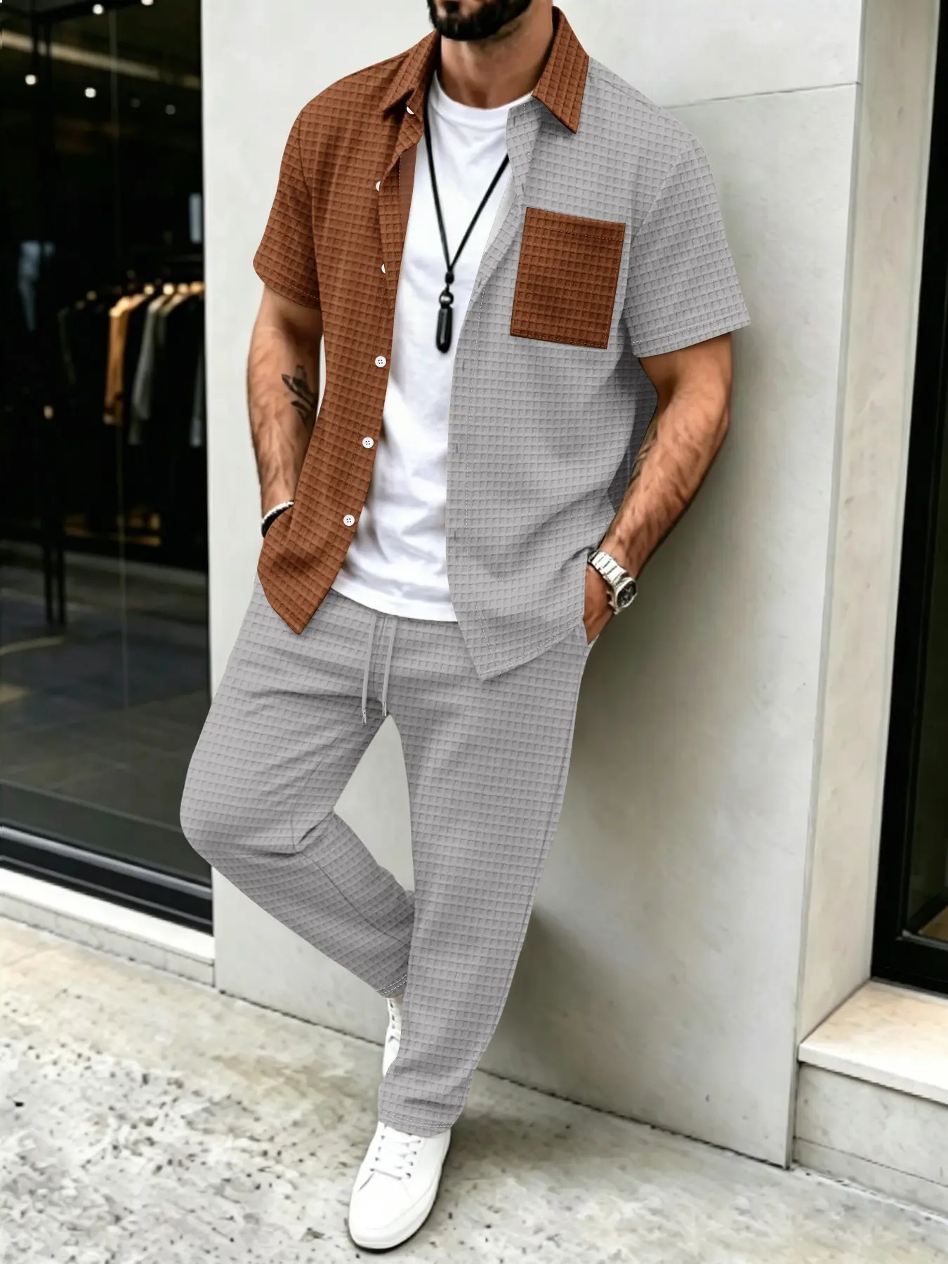 Men'S Fashion Color - Conjunto de Camisa y Pantalones Largos